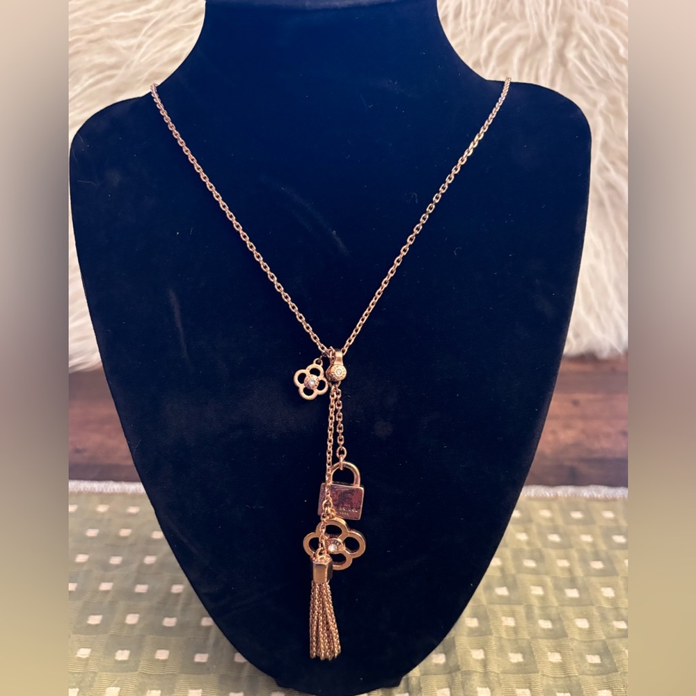 Vintage Henri Bendel Tassel, Padlock, Clovers Charm Necklace, Rose GoldTone, 38”